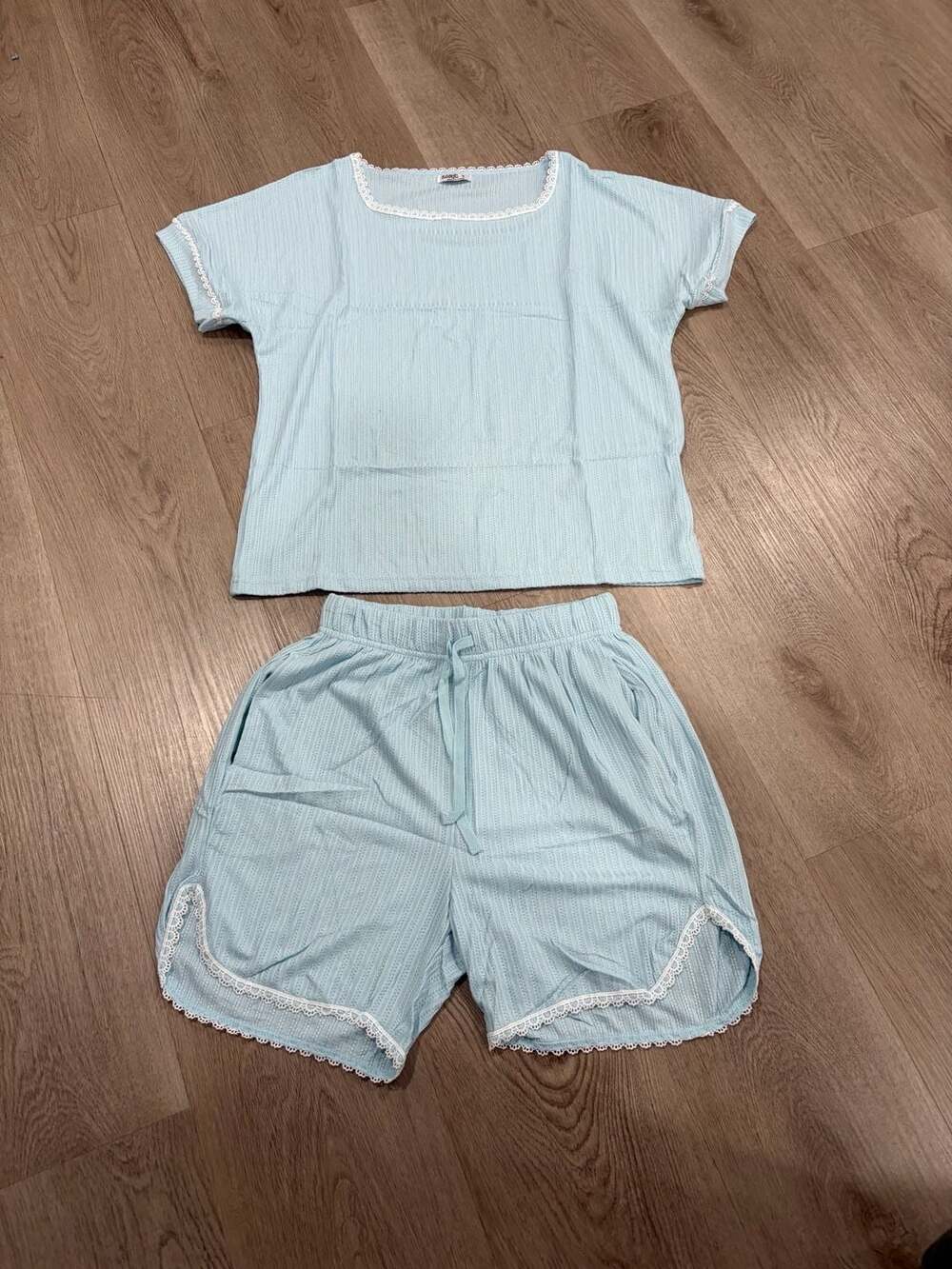 V.&GRN Blue Ribbed Knit Short Sleeve Top & Shorts Lounge Set W/ White Lace Trim